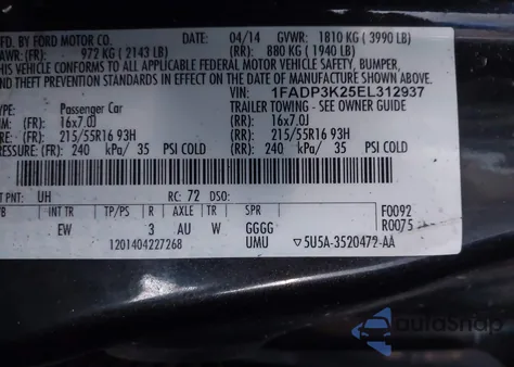 2014 Ford Focus Se z USA, uszkodzony, nr VIN 1FADP3K25EL312937